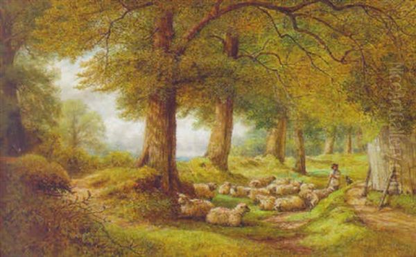 A Shepherd With His Flock On A Wooded Path - view 1