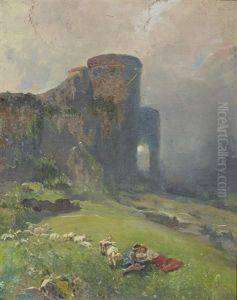 Gardien De Moutons Pres D'un Chateau En Ruine by Eduardo Dalbono