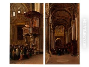 Kircheninterieur Mit Betenden Glaubigen In Einem Seitenschiff Sowie Kircheninterieur Mit Kanzel Und Einem Predigenden Priester (pair) by Eduardo Dalbono