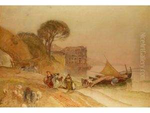 Pescatori A Riva Con Palazzo Donn Anna Sullo Sfondo by Eduardo Dalbono
