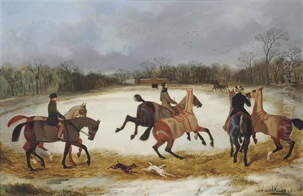 Grooms Exercising Horses In Winter - view 1