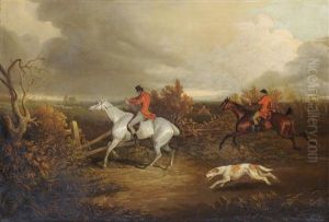 Huntsmen Riding Through A Landscape And Taking A Fence