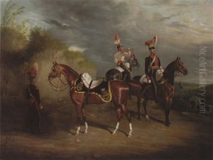 Portrait Of Captain Percy Burrell Of The 9th Light Dragoons Lancer, With His Chargers Peninsula And Others by David of York Dalby