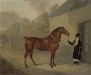A Carriage Horse Held By A Groom In A Stable Yard by David of York Dalby