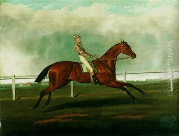 A Bay Racehorse With Jockey Up In The Colors Of Mr. Richard Watt, On A Racecourse - view 1