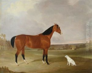 A Chestnut Hunter In An Extensive Landscape With A White Dog by John Dalby