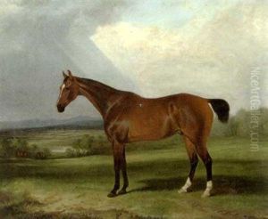 "badger" A Chestnut Hunter In A Landscape, Other Horses Beyond "badger" A Chestnut Hunter In A Landscape, Other Horses Beyond