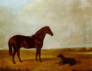 A Bay Hunter And A Black Labrador In A Landscape by John Dalby