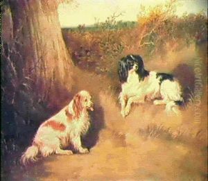Two Spaniels Beside A Tree Trunk