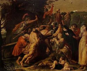 Bibelske Sceneri Med Kristus Der Baerer Korset Til Golgata (+ Bibelske Sceneri Med Kristus Der Haenger Pa Korset; Pair) by Gerard van den Dale
