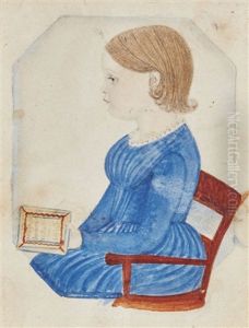 Miniature Portrait Of A Girl In A Blue Dress Seated In An Armchair And Holding "mother Goose Melodies 1845"