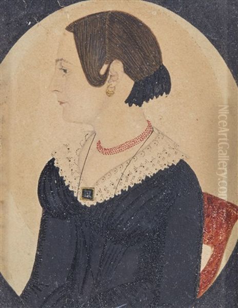 Miniature Portrait Of Woman In Black Dress With Lace Collar Wearing Red Necklace - view 1