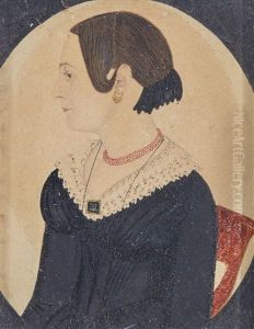 Miniature Portrait Of Woman In Black Dress With Lace Collar Wearing Red Necklace by Justus Dalee
