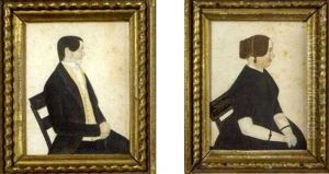 Portrait Of A Man Seated In Black Fancy Chair With Gilt Embellishments (+ Portrait Of A Woman Seated In Black Fancy Chair With Gilt Embellishments; Pair) by Justus Dalee