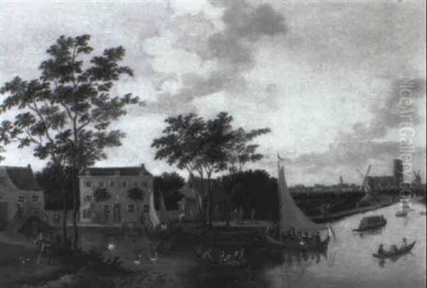 Townsfolk Promenading By The River Rotte, Outside Rotterdam - view 1