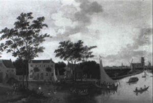Townsfolk Promenading By The River Rotte, Outside Rotterdam by Jan van Dalen the Elder