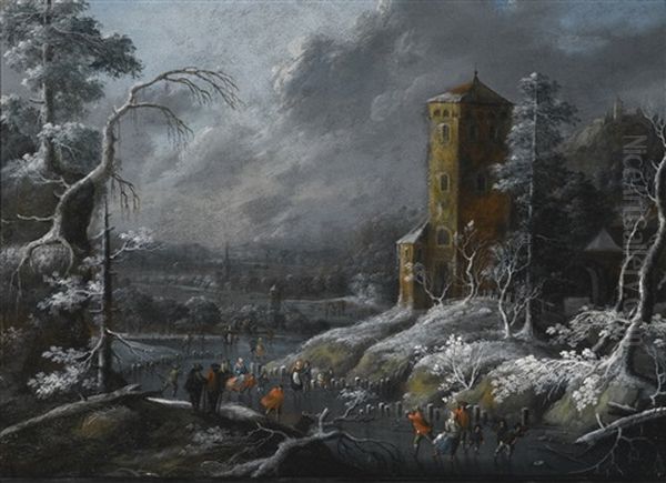 A Winter Landscape With Skaters On A Frozen River By A Tower - view 1
