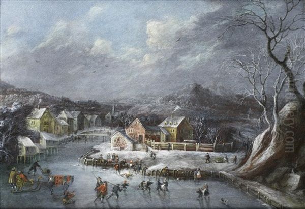 Skaters On A Frozen Lake, Before A Winter Landscape - view 1