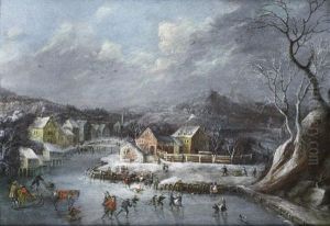 Skaters On A Frozen Lake, Before A Winter Landscape by Dirk Dalens III