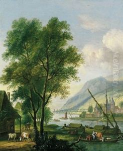 Flusslandschaft Mit Rindern Und Figuren Vor Einem Haus Und Booten Auf Dem Fluss by Dirk Dalens III
