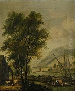 Flodlandskap Med Figurer, Boskap Och Batar by Dirk Dalens III