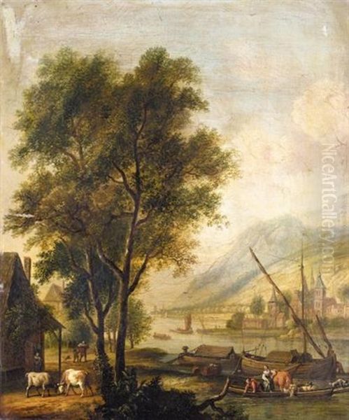 River Landscape With Cattle And Figures Before A Cottage, And Barges On The River - view 1
