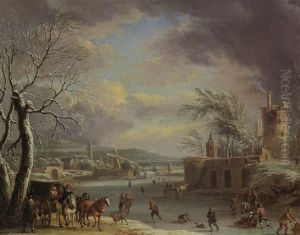 A Winter Landscape With Travellers In A Horse-drawn Carriage, Figures Skating, Village And Church Beyond