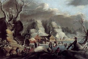 Rocky Winter Landscape With Skaters And Other Figures By A Frozen River