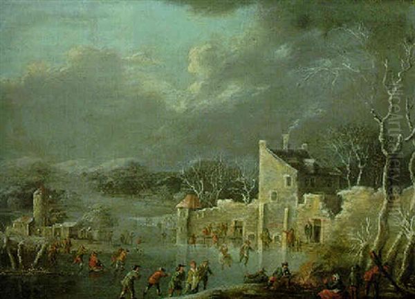 Winter Landscape With Skaters On A Frozen River Near A Village - view 1