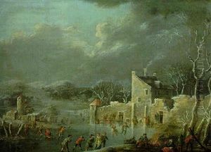 Winter Landscape With Skaters On A Frozen River Near A Village by Dirk Dalens III