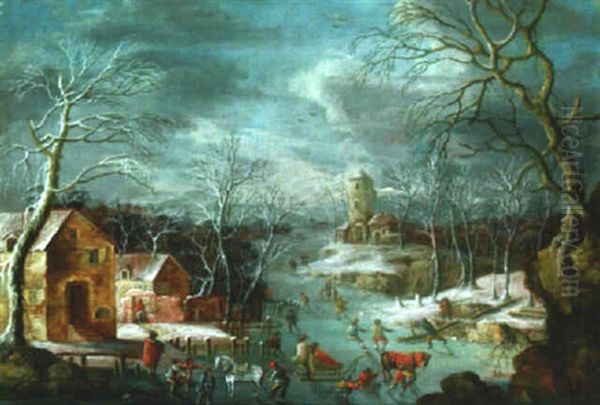 Winter Landscape With Skaters On A Frozen River - view 1