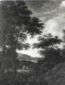 Wooded Landscape With A Man On A Horse Giving Money To A Family Wooded Landscape With A Man On A Horse Giving Money To A Family