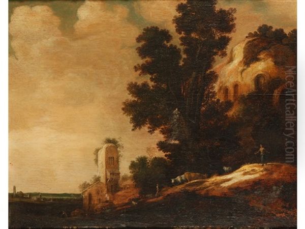 A Wooded Landscape With Herdsman, Cows And Goats Beside Overgrown Ruins In The Foreground, A Village With A Church Beyond - view 1