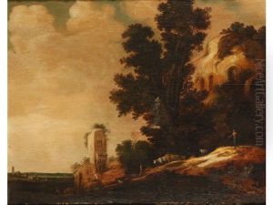 A Wooded Landscape With Herdsman, Cows And Goats Beside Overgrown Ruins In The Foreground, A Village With A Church Beyond by Dirk Dalens the Elder