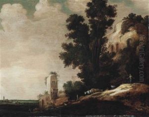 A Wooded Landscape With Herdsmen, Cows And Goats Beside Overgrown Ruins In The Foreground, A Village With A Church Beyond