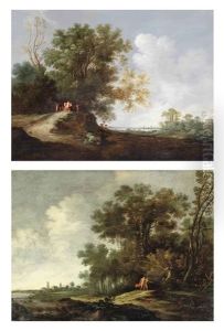A Group Of Bacchantes And Satyrs Playing In A Wooded Landscape, A Lake Beyond (+ An Extensive Forest Landscape With A Bacchante And A Satyr Travelling, A Town Beyond; Pair) by Dirk Dalens the Elder