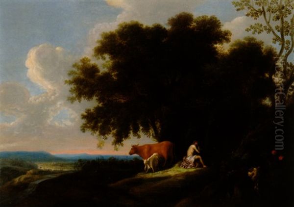Weite, Bewaldete Landschaft Mit Einem Schalmei Blasenden Hirten, Einer Kuh Und Einer Ziege - view 1