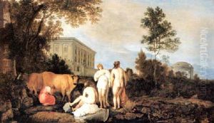 Bathers And A Milkmaid By A Palace In An Italianate Land- Scape Bathers And A Milkmaid By A Palace In An Italianate Land- Scape