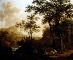 An Extensive Wooded River Landscape With Travellers On A Rocky Road, Ruins And Mountains Beyond by Dirk Dalens the Younger