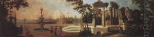 Elegant Figures In A Wooded Parkland Landscape With A Fountain And Classical Ruins