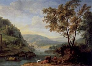 Rheinlandschaft Mit Kahnen Und Hirt Und Herde