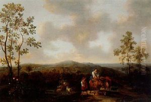A Landscape With Peasants On A Track, A Drover Fording A Stream With Sheep Beyond by Dirk Dalens the Younger