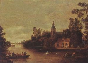A View Of Rotterdam-overschie With An Inn Alongside The River Rotte, Figures And Cattle In A Ferry And Other Figures In Rowing Boats by Jan Dalens