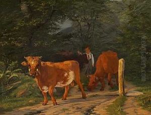 Hyrdedreng Driver To Koer Hen Ad En Skovvej by Carlo Edoardo Dalgas