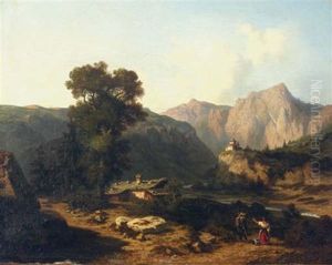 An Alpine Landscape With Figures By A Mountain Hut
