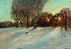 Wintry Landscape With Deer In The Sunrise Glow by Hans Mathias Halten Dall