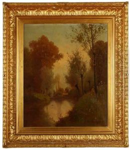 Paysage De Foret Avec Un Etang Et Paysage De Foret Avec Une Cascade (pair)
