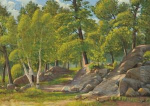 Rocks And Birch Trees In Sunlight by Cyrus Edwin Dallin