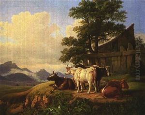 Kuhe Vor Bretterverschlag Am Horizont Hohenburg by Johann Baptist Dallinger von Dalling the Younger