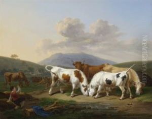 Zwei Kampfende Stiere by Johann Baptist Dallinger von Dalling the Younger